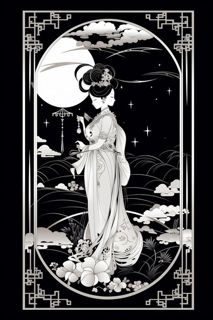 a woman in a white dress is standing in front of a moon.