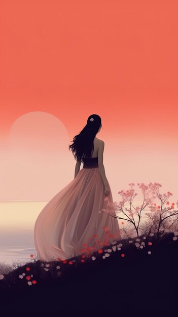 a woman in a white dress is standing in front of a sunset