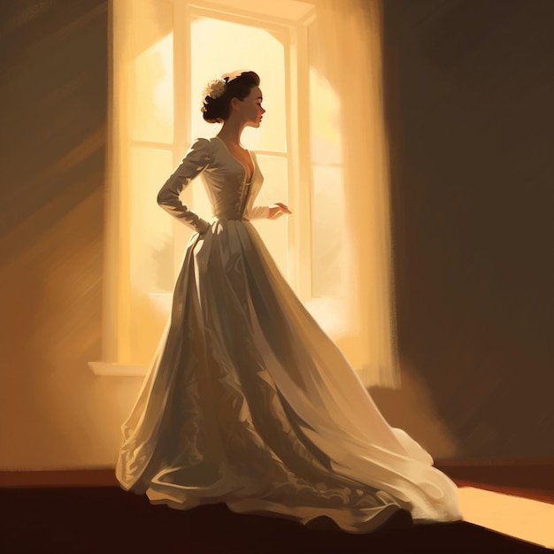 a woman in a white dress is standing in front of a window with a sun shining on her face