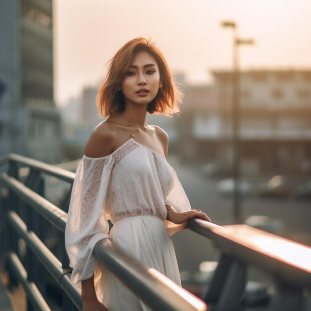 a woman in a white dress is standing on a railing.