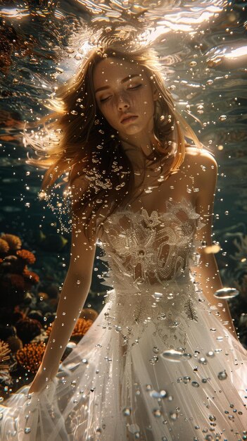 Photo a woman in a white dress is swimming underwater with her eyes closed