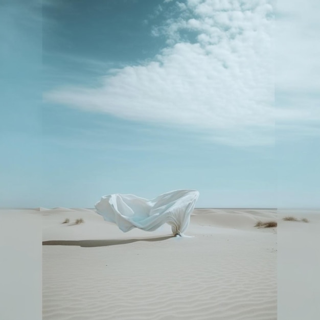 白いドレスを着た女性が砂漠を歩いています
