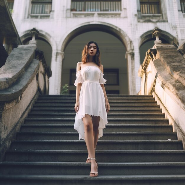 Foto una donna vestita di bianco sta scendendo una rampa di scale.