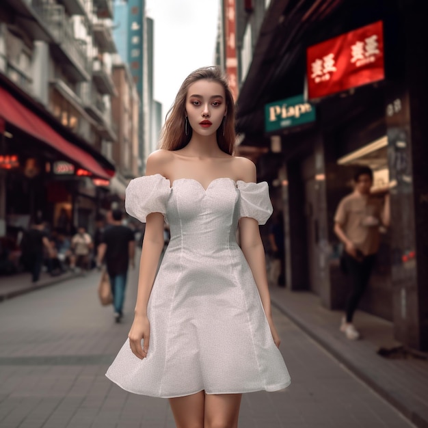 a woman in a white dress is walking down a street.