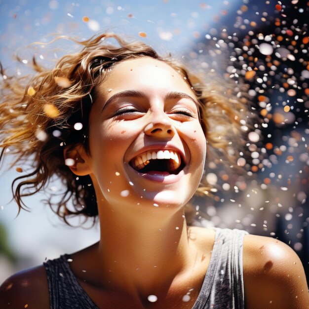 Photo woman in a white dress laughing with splashing hairwoman in a white dress laughing with splashi