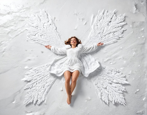 a woman in white dress laying on a white wall