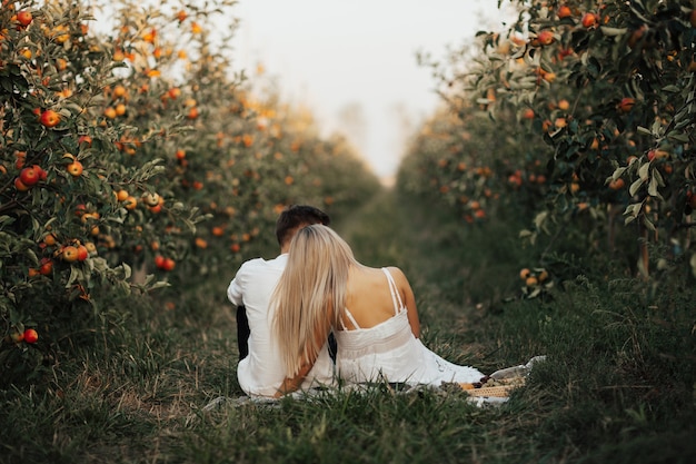 Woman in white dress and man in white shirt are having picnic in apple garden.