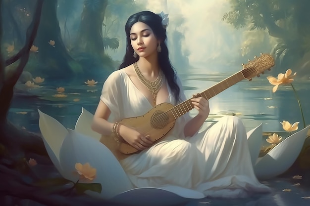 A woman in a white dress plays a guitar in a forest.