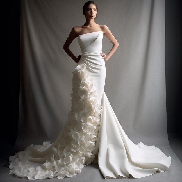 a woman in a white dress poses in front of a white backdrop.