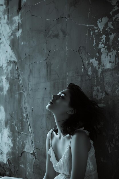 Woman in white dress posing on old concrete wall background