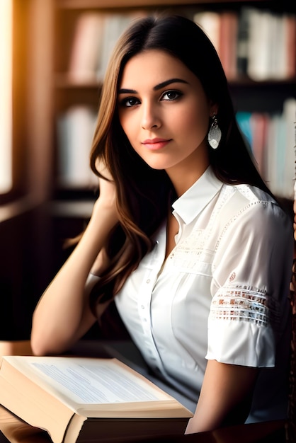 A woman in a white dress reading a book in library