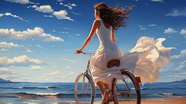 Woman in a white dress riding a bicycle by the beach