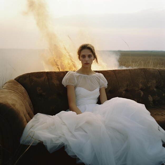 Photo a woman in a white dress sits on a couch with the fire behind her.