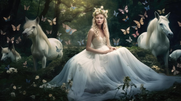 A woman in a white dress sits in a forest with a white horse and a butterfly on her head.