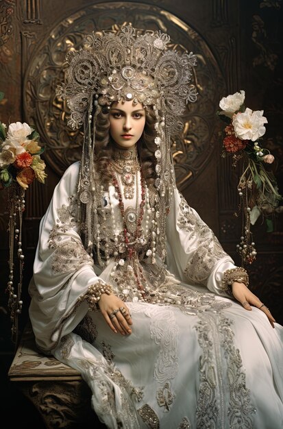 a woman in a white dress sits in front of a wall with flowers and a statue of a woman