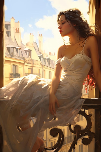 woman white dress sitting balcony daylight visual young looking away viewer portrait city bright