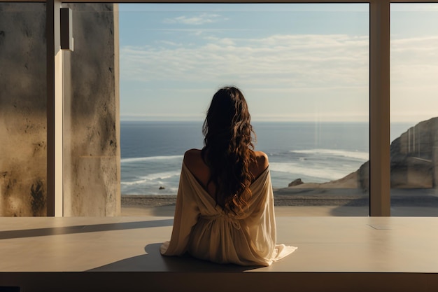 Woman in white dress sitting on a bench looking at the ocean