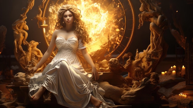 A woman in a white dress sitting in front of a fire