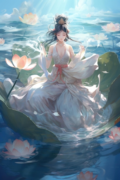 A woman in a white dress sitting on a leaf in the water Generative AI