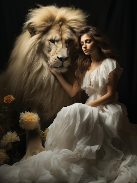 Foto una donna con un vestito bianco seduta accanto a un leone