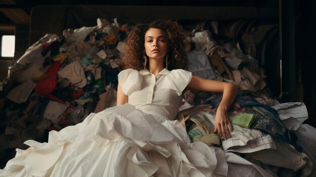 Photo woman in white dress sitting on pile of paper