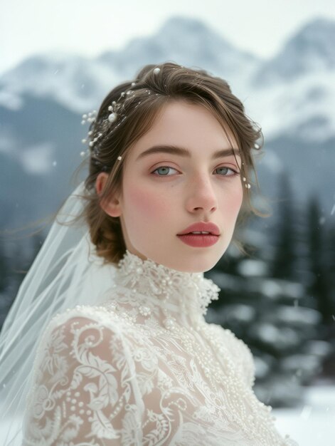 Foto una donna con un vestito bianco su una montagna innevata