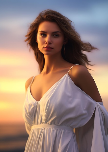 женщина белое платье стоит пляж закат детали бренда светло-каштановые волосы голубые глаза лиф лицо