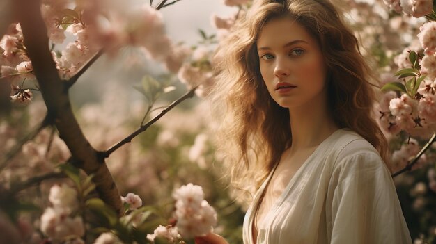 Woman in a White Dress Standing in a Beautiful Garden Spring