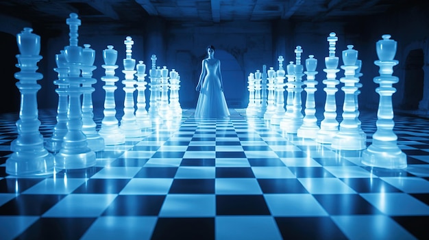 A woman in a white dress standing in front of a chess board Generative AI Art