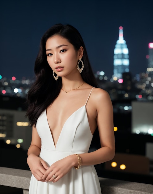 A woman in a white dress stands on a balcony in front of a city skyline.
