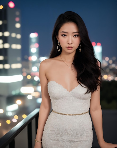 A woman in a white dress stands on a balcony with a city skyline in the background.