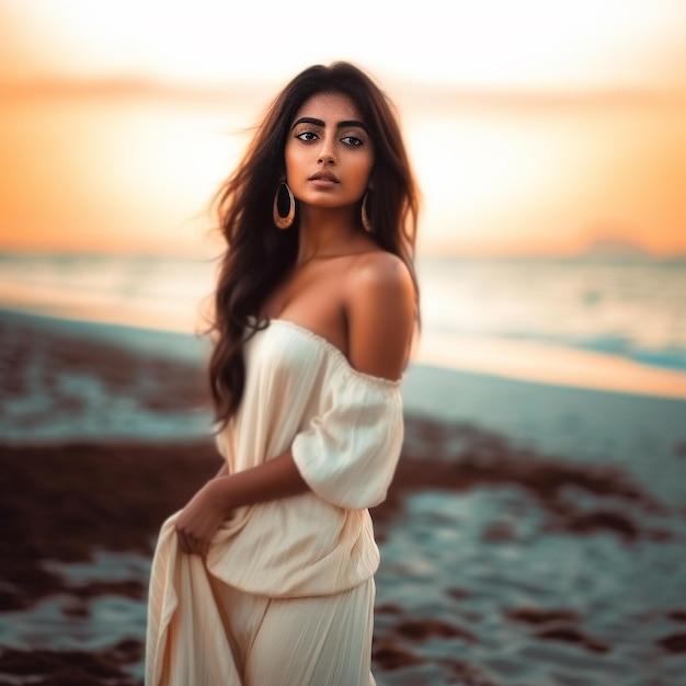 a woman in a white dress stands on a beach with the sun setting behind her.