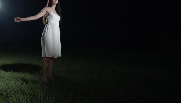 a woman in a white dress stands in the dark in the dark