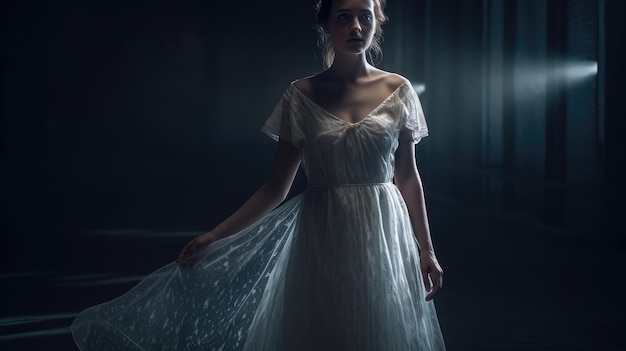 A woman in a white dress stands in a dark room with a light behind her.
