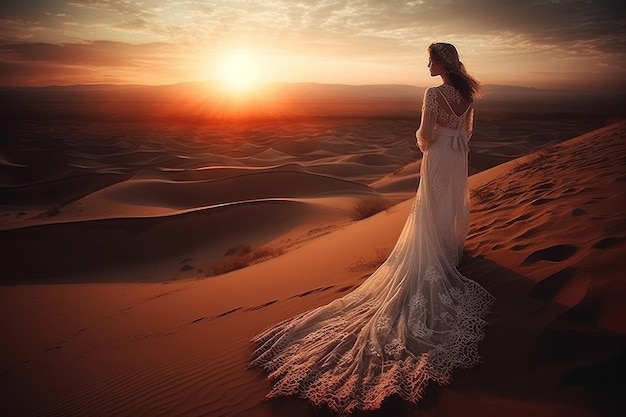 A woman in a white dress stands in the desert at sunset.