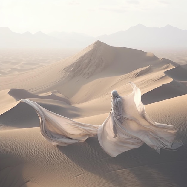 A woman in a white dress stands in the desert with mountains in the background.