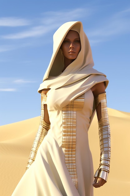 A woman in a white dress stands in the desert.