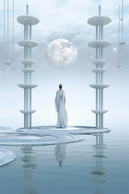 A woman in a white dress stands on a floating platform with a moon and the moon in the background.