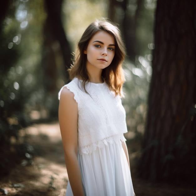 A woman in a white dress stands in a forest.