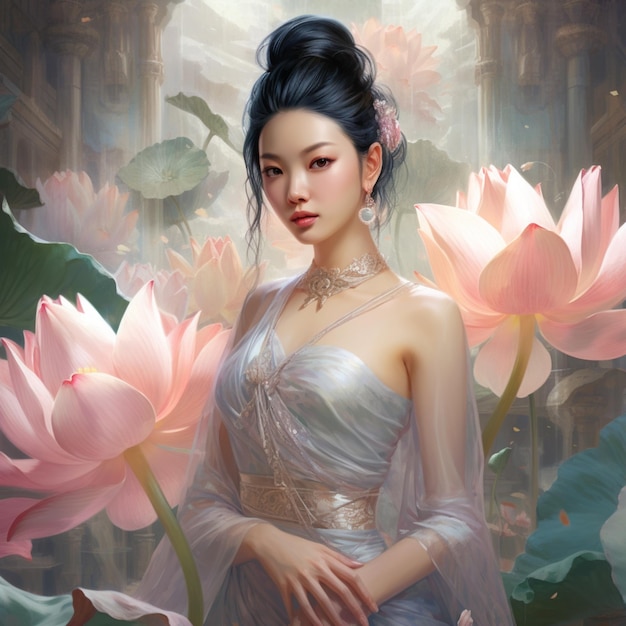 A woman in a white dress stands in front of a background of lotus flowers.