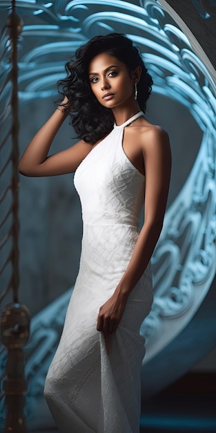 A woman in a white dress stands in front of a blue wall