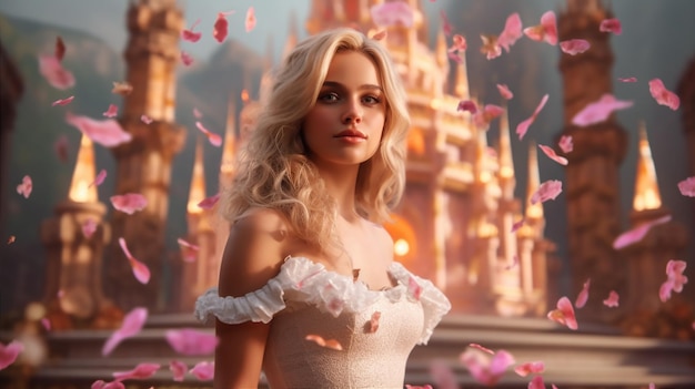 A woman in a white dress stands in front of a castle with a pink flower petals on her chest.