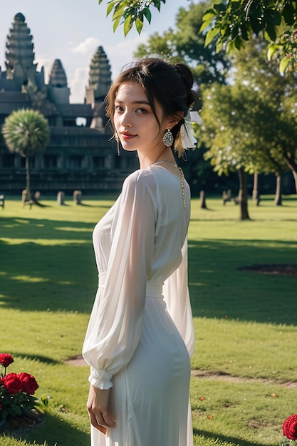 a woman in a white dress stands in front of a castle.