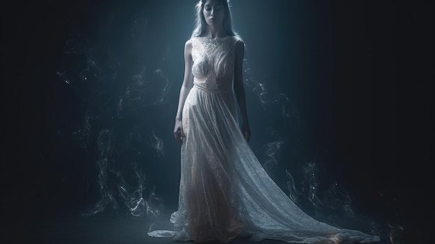 A woman in a white dress stands in front of a dark background.