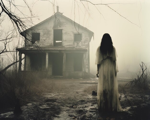 a woman in a white dress stands in front of a house that has a witch on the front