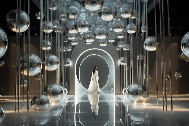 a woman in a white dress stands in front of a large mirror with a large sphere of water in the middle.