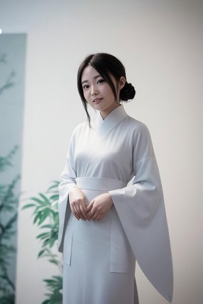 A woman in a white dress stands in front of a plant