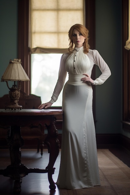 a woman in a white dress stands in front of a table with a lamp on it.