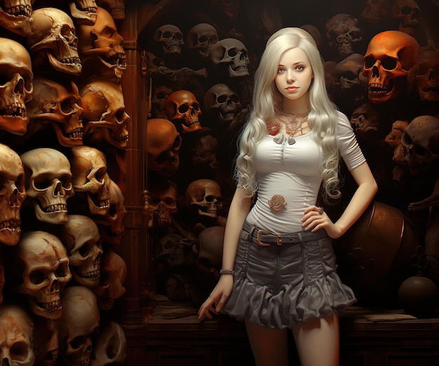 a woman in a white dress stands in front of a wall of skulls.