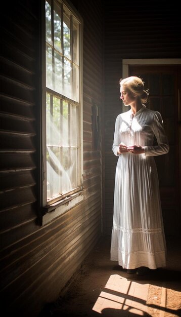 Photo a woman in a white dress stands in front of a window